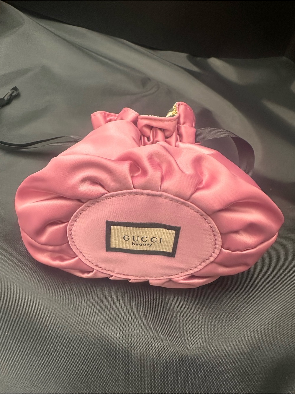Gucci Pink Satin Ruched Drawstring Beauty Pouch
